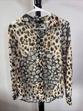 Atmosphere Mixed Leopard Print Sheer Button-Up Blouse in Beige and Black 4.1T
